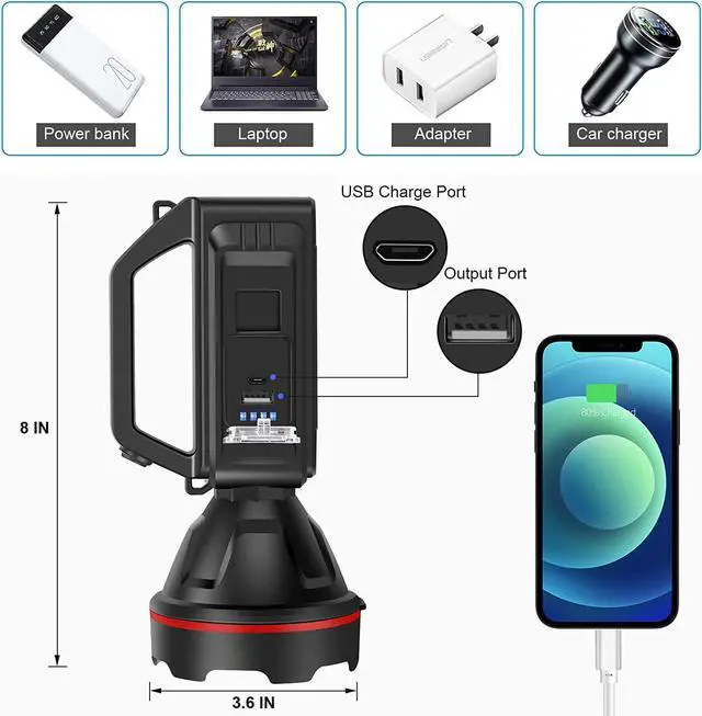 Alt view image 4 of 7 - Rechargeable Spotlight Flashlight, High Lumens Handheld Spotlight,LED Searchlight with Shoulder Strap and USB Output for During Hurricane,Emergency, Storms, Outages,Hunting , Hiking, Camping(Black1)