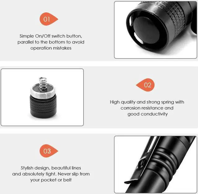 Alt view image 3 of 7 - 5PCS Pen Light Flashlight Ultra Slim Portable LED 1000LM Pocket Penlight Torch with Clip Powered by 2 x AAA Battery (not Include)