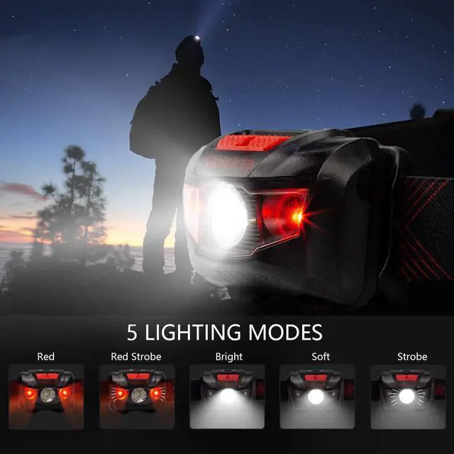 Alt view image 2 of 7 - Ultra Bright LED Headlamp-5 Lighting Modes White & Red LEDs Head Lamp Camping Accessories Gear. IPX6 Waterproof Headlight for Running Cycling Fishing Hiking Repairing. Batteries Included
