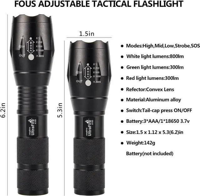 Alt view image 4 of 7 - ULTRAFIRE 2 Pack A100 LED Hunting Flashlight,800 Lumen 3-Color-Light Tactical Flashlight 5 Modes Zoomable Small LED Hand held Flashlights (White Light/RED Light/Green Light)