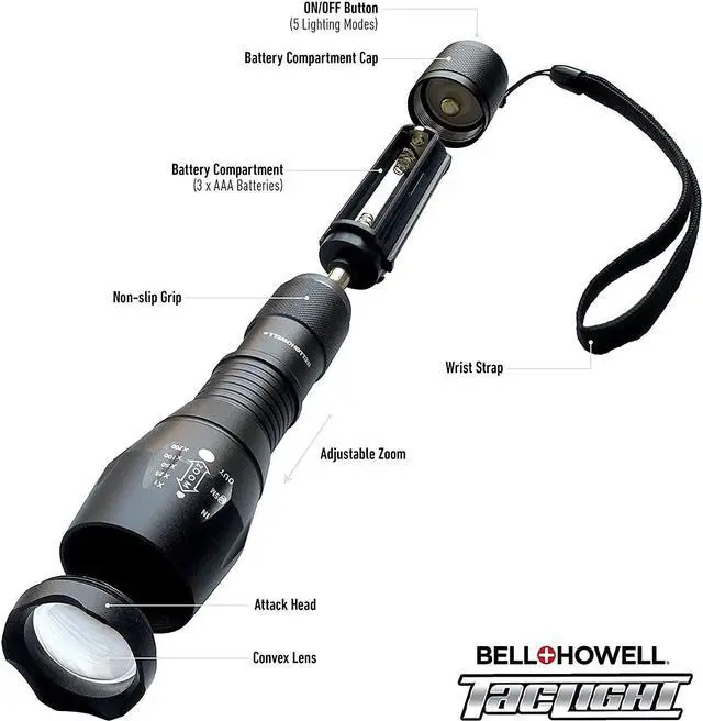 Alt view image 6 of 6 - Taclight Flashlight by Bell+Howell High Lumens LED Tactical Flashlight 5 Modes & Zoom Function 40X Brighter Water Proof Handheld Flashlight for Emergency Camping Accessories As Seen On TV Set of 3
