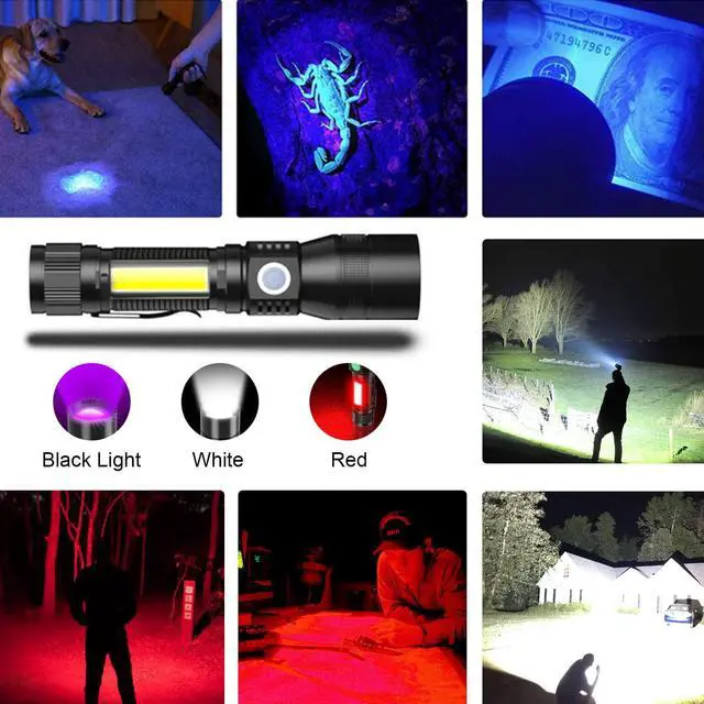 Alt view image 2 of 7 - UV Flashlight Rechargeable, Black Light Flashlight with Magnet&Side Work Light 3in1 Tactical Flashlight Blacklight&Redlight, 1000lm, Zoomable, Waterproof LED Torch for Pet Urine Detector, Mechanics