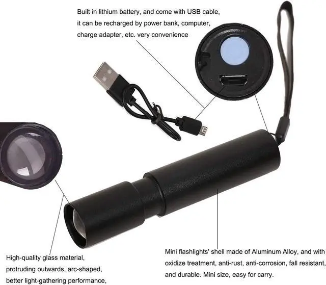 Alt view image 4 of 7 - Rechargeable Mini LED Flashlights, 6pcs High Brightness Flash Light with Lithium Battery 3 Mode XPE 1200 Lumen Waterproof Zoomable Torch with USB Cable for Camping, Hiking, Riding, etc