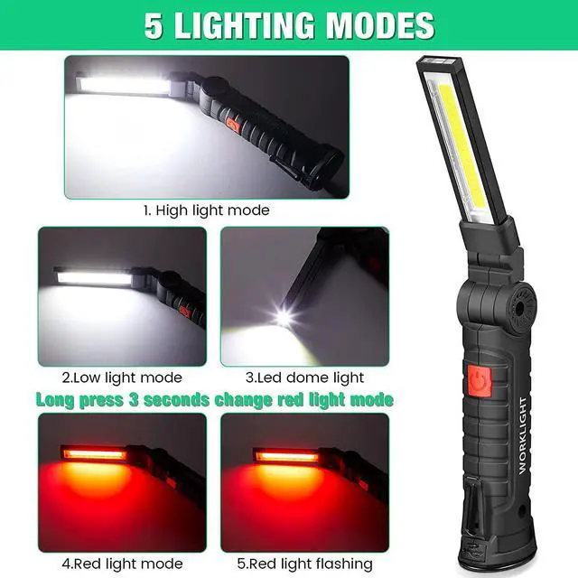Alt view image 3 of 7 - Honoson 4 Pieces LED Work Light Cob Rechargeable Work Flashlight with Magnetic Base, Hanging Hook and 360° Rotate 5 Modes Portable LED Flashlight for Car Repair, Household and Outdoor(Large)