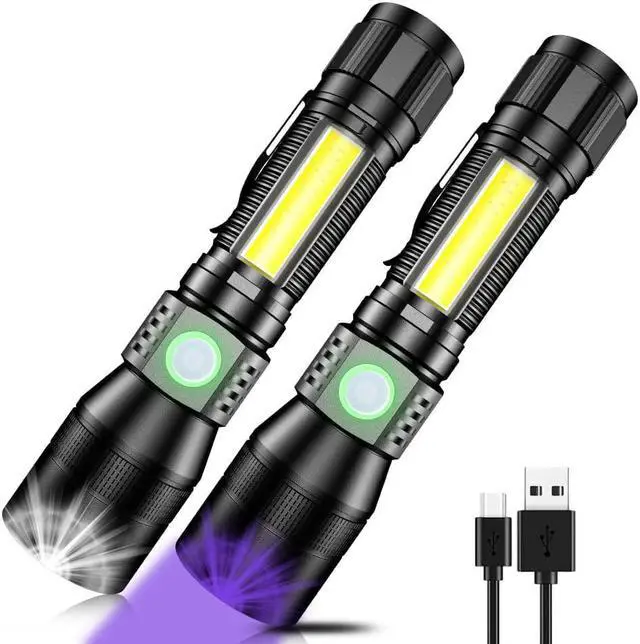 Main image of UV Flashlight Black Light, 2-Pack USB Rechargeable Blacklight Flashlight with Magnetic -Side Work Light, 7 Modes, Zoomable, Waterproof  LED Torch for Mechanics Pet Urine Stains Detector