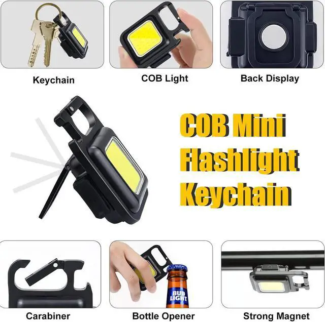 Alt view image 2 of 7 - Kingsdun Mini Flashlight, 800Lumens COB Bright Rechargeable Keychain Flashlights, 4 Light Modes Portable Pocket Light with Folding Bracket Bottle Opener and Magnet Base for Camping Fishing Walking