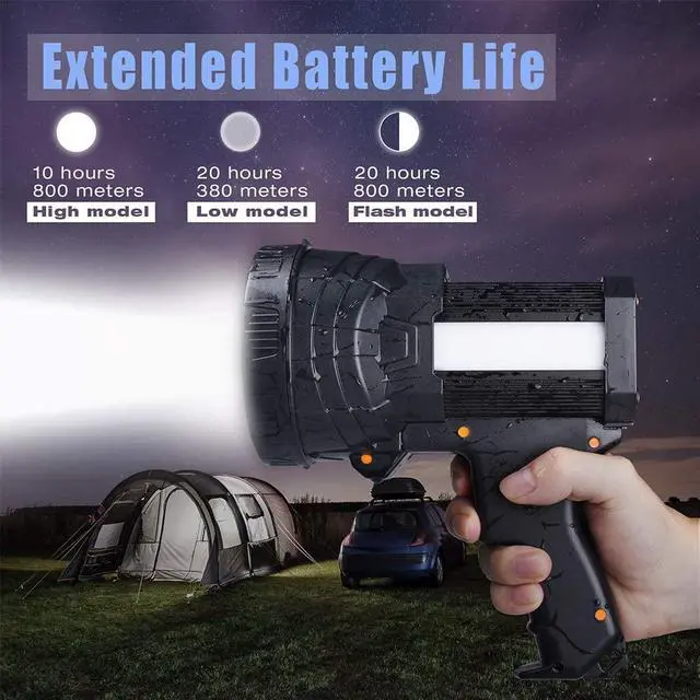 Alt view image 3 of 7 - YIERBLUE Rechargeable spotlight, Super Bright 1000,000 LM LED Flashlight Handheld spotlight 10000mAh Long Lasting Large Flashlight Searchlight and Flood Camping Flashlight with Foldable Tripod Black
