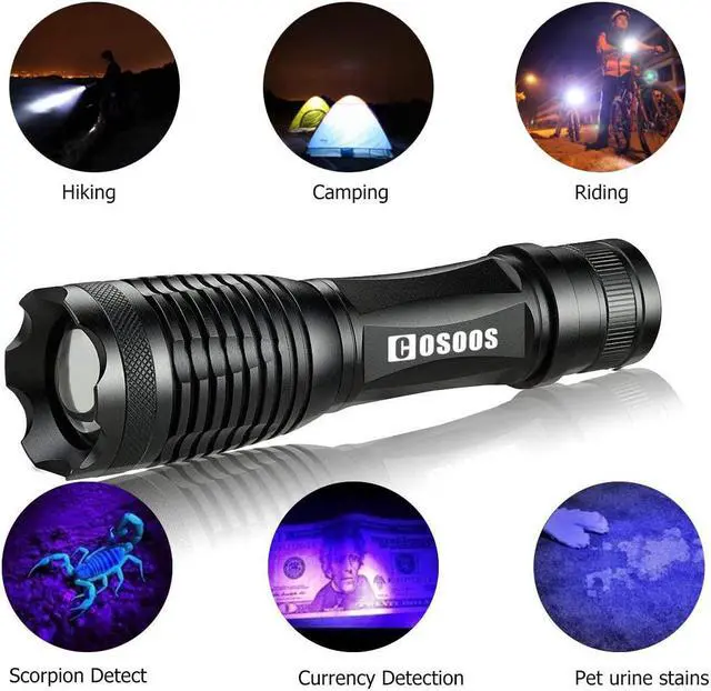 Alt view image 3 of 7 - COSOOS 2 Pack UV Flashlight Blacklight, 2 in 1 LED Tactical Flashlight & 395nm Black Light Pet Urine Detector for Dog/Cat Urine, Dry Stains, Bed Bugs, Scorpions