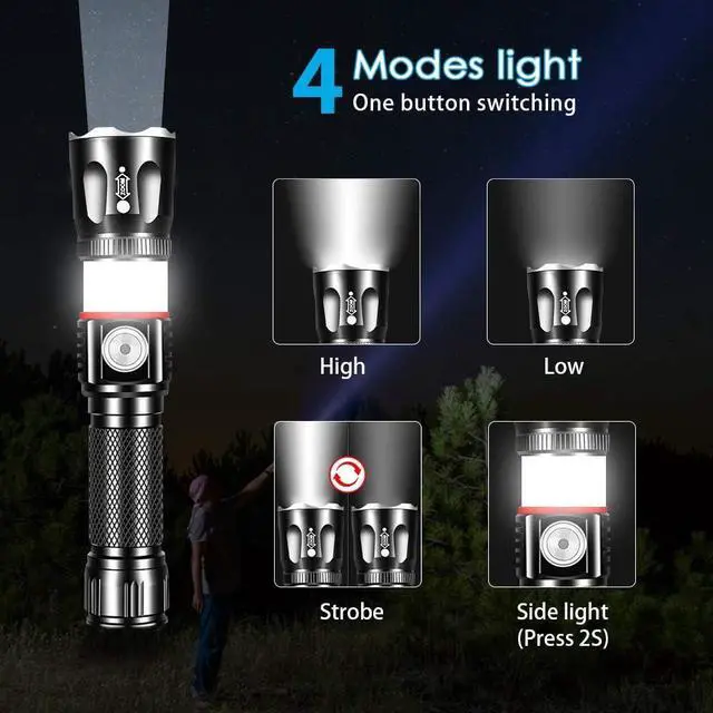 Alt view image 5 of 6 - Tactical Flashlight Rechargeable, High Lumens Led Flashlights Handheld-Magnetic Base, Super Bright, Zoomable, Water-Resistance, 4 Modes, Powerful Flash Light for Camping, Hiking and Emergence