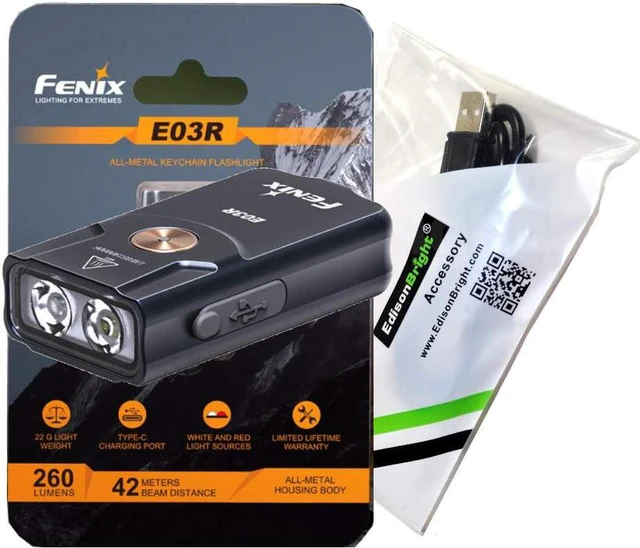 Main image of EdisonBright Fenix E03R USB Rechargeable 260 Lumen LED Keychain Flashlight, Brand USB Charging Cable Bundle