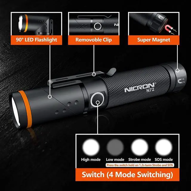 Alt view image 3 of 7 - NICRON Flashlight, N72 800 Lumens Tactical Flashlight, 90 Degree Flashlight IPX4 Waterproof Led Flashlight 4 Modes- Best High Lumens are for Camping, Outdoor,Maintain (18650/AAA Not Included)