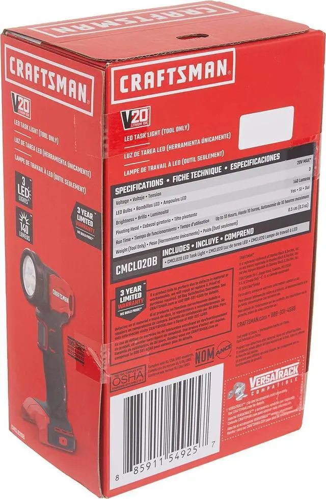 Alt view image 7 of 7 - CRAFTSMAN V20 LED Work Light, Cordless Handheld, 140 Lumens, Bare Tool Only (CMCL020B)