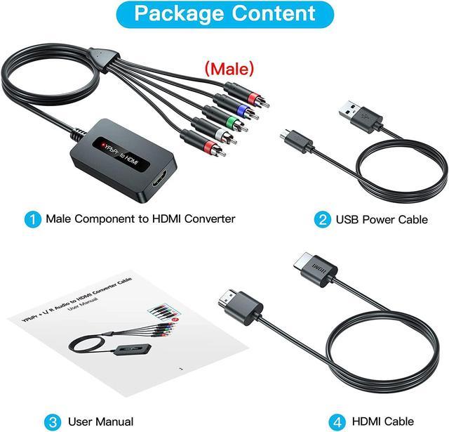 Male Component to HDMI Converter Cable with HDMI and Component Cables for DVD/ STB Female Output to Display on HDTVs, 1080P RGB to HDMI Converter, Component in HDMI Out Adapter