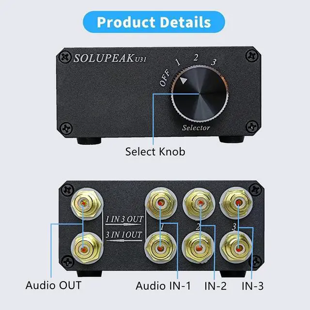 Alt view image 4 of 5 - U31 Premium RCA Switch Box, 3 in 1 Out Audio Switch, Stereo Switch Box with Signal Lossless, Sturdy Aluminum case Strong Anti-Interference, Compact Connector Distributor RCA Splitter Boxes