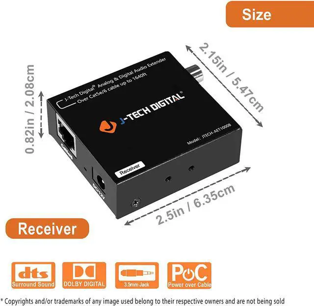 Alt view image 3 of 7 - Analog & Digital Audio Extender Converter Over Single Cat5e/6 (PoC) up to 1640 FT | 3.5mm + Optical SPDIF + Coaxial [JTECH-AET1000B]