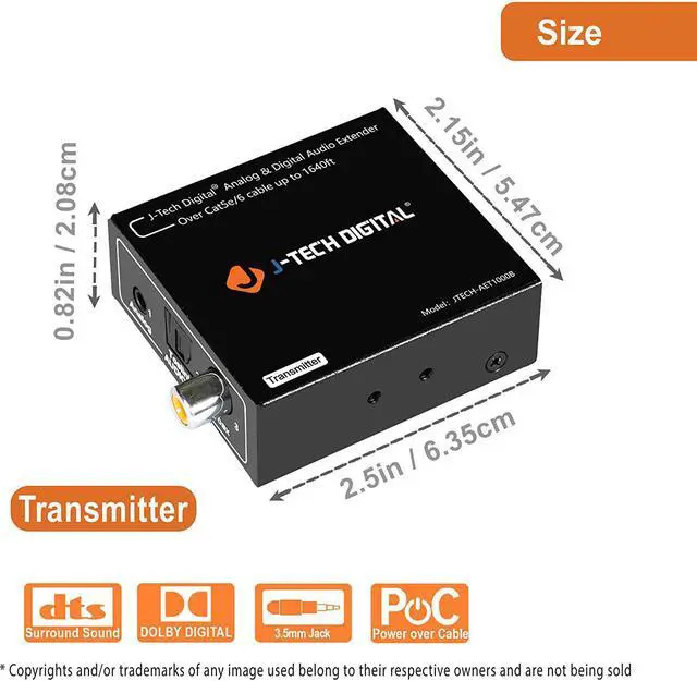 Alt view image 2 of 7 - Analog & Digital Audio Extender Converter Over Single Cat5e/6 (PoC) up to 1640 FT | 3.5mm + Optical SPDIF + Coaxial [JTECH-AET1000B]