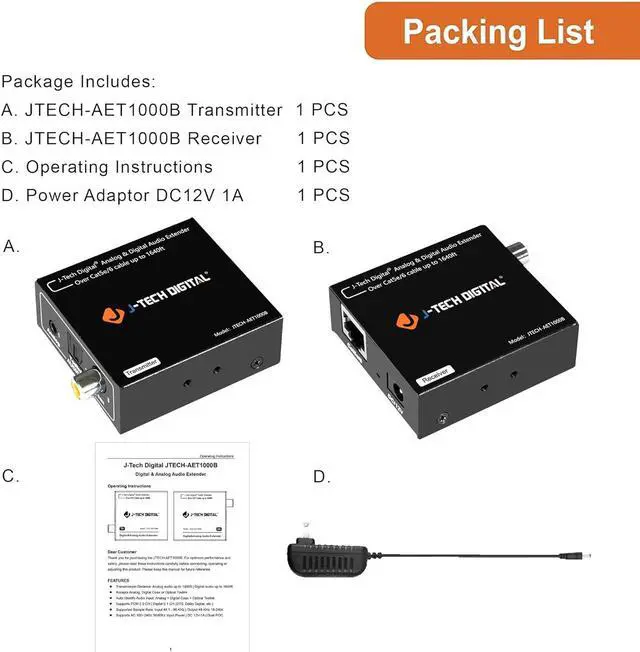 Alt view image 7 of 7 - Analog & Digital Audio Extender Converter Over Single Cat5e/6 (PoC) up to 1640 FT | 3.5mm + Optical SPDIF + Coaxial [JTECH-AET1000B]