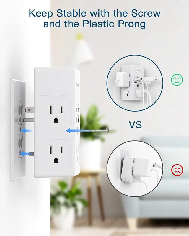 Alt view image 3 of 7 - Surge Protector, 5 Outlets Extender with 4 USB Ports(USB C), 3-Side 1800J Power Strip Multi Plug Outlet Expander, Charger, Outlet Splitter Adapter Wall Mount for Home Travel Office ETL Listed