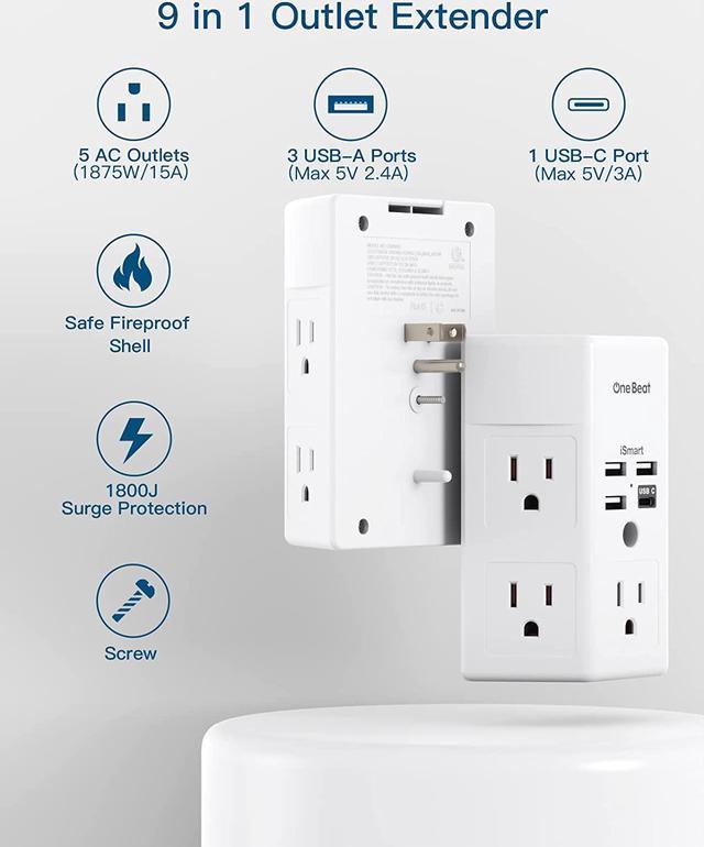  USB Wall Charger Surge Protector 5 Outlet Extender with 4 USB  Charging Ports (1 USB C Outlet) 3 Sided 1800J Power Strip Multi Plug Outlets  Wall Adapter Spaced for Home Travel