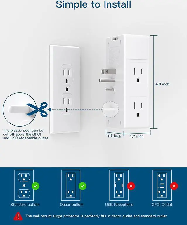 Alt view image 6 of 7 - Surge Protector, 5 Outlets Extender with 4 USB Ports(USB C), 3-Side 1800J Power Strip Multi Plug Outlet Expander, Charger, Outlet Splitter Adapter Wall Mount for Home Travel Office ETL Listed