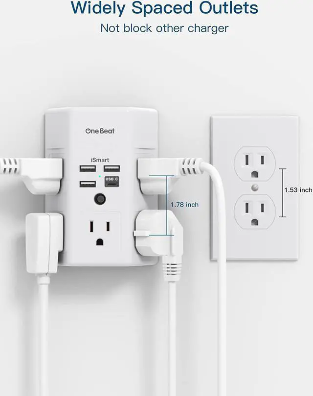 Alt view image 7 of 7 - Surge Protector, 5 Outlets Extender with 4 USB Ports(USB C), 3-Side 1800J Power Strip Multi Plug Outlet Expander, Charger, Outlet Splitter Adapter Wall Mount for Home Travel Office ETL Listed
