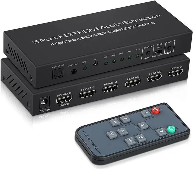 Main image of 4K@60Hz HDMI Switch 5x1 with Audio Extractor 5 Port HDMI Switcher with Optical SPDIF + 3.5mm Audio 5 in 1 Out HDMI Audio Selector Switch Box with Remote Support HDR10 ARC 18Gbps HDCP2.2