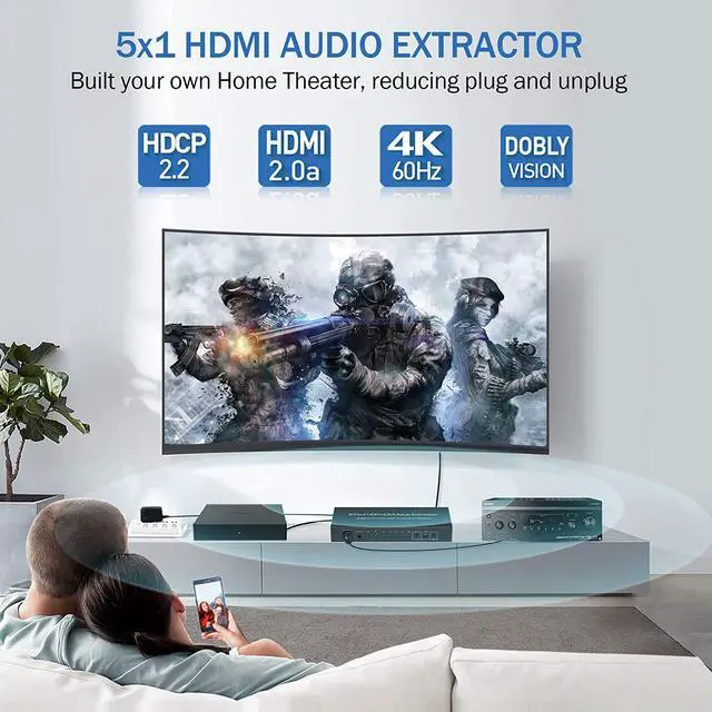 Alt view image 5 of 7 - 4K@60Hz HDMI Switch 5x1 with Audio Extractor 5 Port HDMI Switcher with Optical SPDIF + 3.5mm Audio 5 in 1 Out HDMI Audio Selector Switch Box with Remote Support HDR10 ARC 18Gbps HDCP2.2