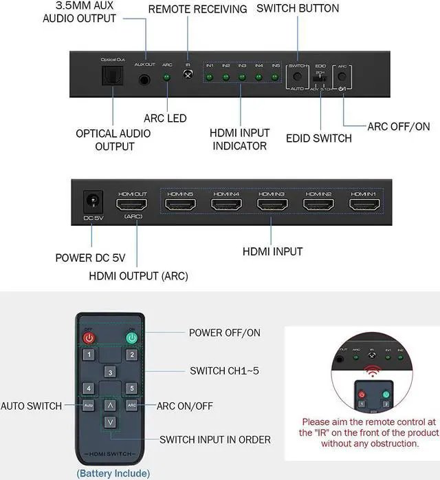 Alt view image 7 of 7 - 4K@60Hz HDMI Switch 5x1 with Audio Extractor 5 Port HDMI Switcher with Optical SPDIF + 3.5mm Audio 5 in 1 Out HDMI Audio Selector Switch Box with Remote Support HDR10 ARC 18Gbps HDCP2.2