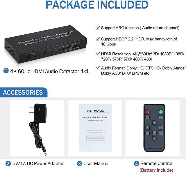 Alt view image 6 of 7 - 4K@60Hz HDMI Switch 5x1 with Audio Extractor 5 Port HDMI Switcher with Optical SPDIF + 3.5mm Audio 5 in 1 Out HDMI Audio Selector Switch Box with Remote Support HDR10 ARC 18Gbps HDCP2.2