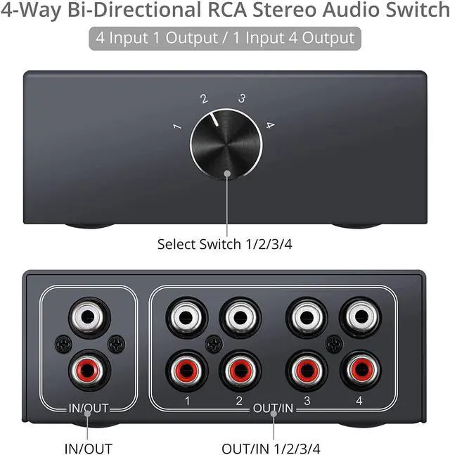 Alt view image 2 of 7 - RCA Stereo Audio Switch 4-Way Bi-Directional L/R Sound Channel Audio Switch Splitter RCA Stereo Switch Selector for DVD Stereo Speaker CD Player