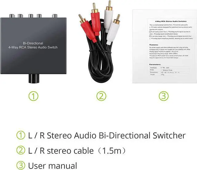 Alt view image 7 of 7 - RCA Stereo Audio Switch 4-Way Bi-Directional L/R Sound Channel Audio Switch Splitter RCA Stereo Switch Selector for DVD Stereo Speaker CD Player