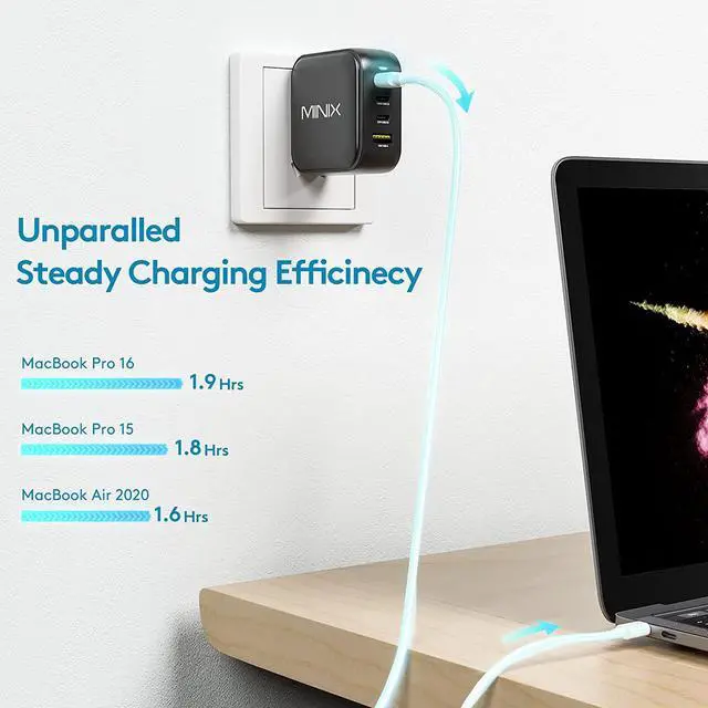 Alt view image 4 of 7 - MINIX NEO P3 100W Turbo 4-Ports GaN Wall Charger, 3 x USB-C Port Fast Charging Adapter(Max 100W/20W), 1 USB-A (Max 18W). Compatible with MacBook Pro Air, iPad Pro, iPhone 14,Galaxy S9 and More.