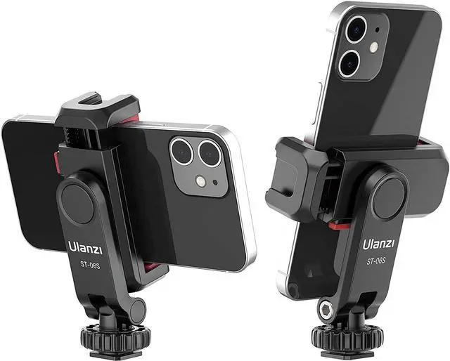 Main image of ULANZI Phone Tripod Mount ST-06S, New Universal Smartphone Mount Adapter with 2 Cold Shoe, 360° Rotates Adjustable Cell Phone Clip Clamp Holder, Compatible with iPhone, Samsung Galaxy and All Phones