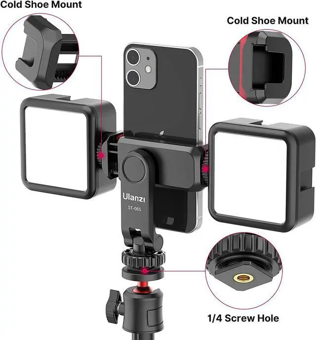 Alt view image 2 of 7 - ULANZI Phone Tripod Mount ST-06S, New Universal Smartphone Mount Adapter with 2 Cold Shoe, 360° Rotates Adjustable Cell Phone Clip Clamp Holder, Compatible with iPhone, Samsung Galaxy and All Phones