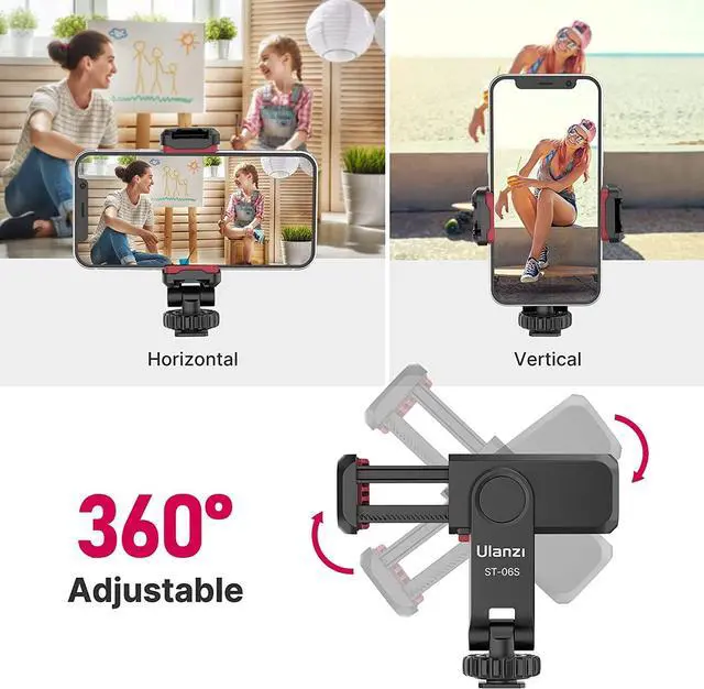 Alt view image 3 of 7 - ULANZI Phone Tripod Mount ST-06S, New Universal Smartphone Mount Adapter with 2 Cold Shoe, 360° Rotates Adjustable Cell Phone Clip Clamp Holder, Compatible with iPhone, Samsung Galaxy and All Phones