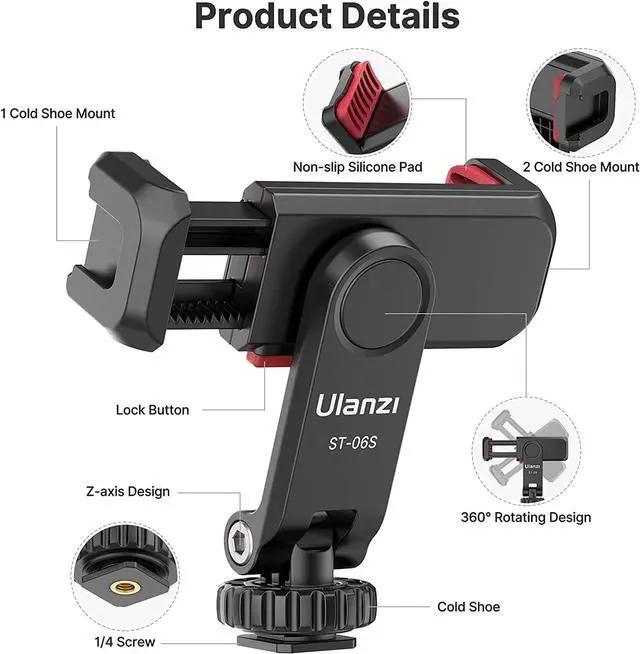 Alt view image 7 of 7 - ULANZI Phone Tripod Mount ST-06S, New Universal Smartphone Mount Adapter with 2 Cold Shoe, 360° Rotates Adjustable Cell Phone Clip Clamp Holder, Compatible with iPhone, Samsung Galaxy and All Phones