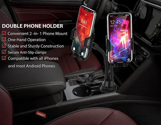 Alt view image 2 of 7 - Dual Phone Holder for Car Cup Holder  Long Flexible Neck 360° Rotatable Car Phone Mount - Adjustable Cell Cup Holder Universal Size Fits 2 iPhone  GPS and More (Cradle)