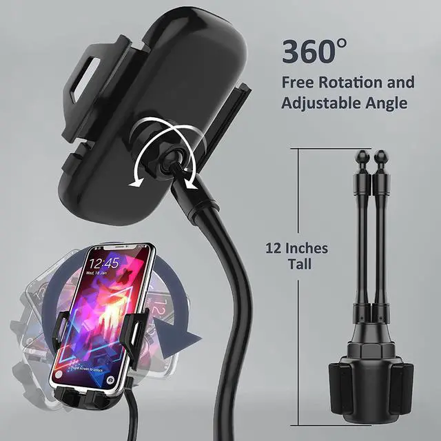 Alt view image 4 of 7 - Dual Phone Holder for Car Cup Holder  Long Flexible Neck 360° Rotatable Car Phone Mount - Adjustable Cell Cup Holder Universal Size Fits 2 iPhone  GPS and More (Cradle)