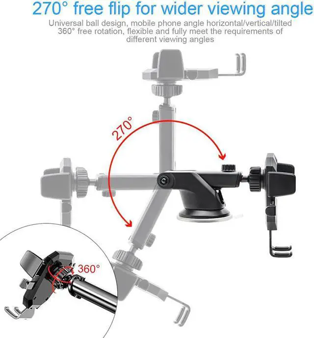 Alt view image 3 of 7 - Phone Holder for Car, 360°Rotatable Car Phone Mount for Windshield Dashboard Air Vent, Universal for All Cell Phone and More Devices with Suction Cup and Clip