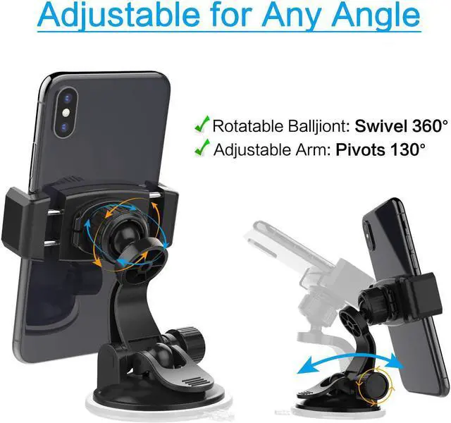 Alt view image 4 of 7 - Suction Cup Phone Holder for Car with Adjustable Arm Low Profile Dashboard Phone Mount Compact Windshield Window Dash Mobile Stand Compatible w/All iPhone and Android Cell Phones