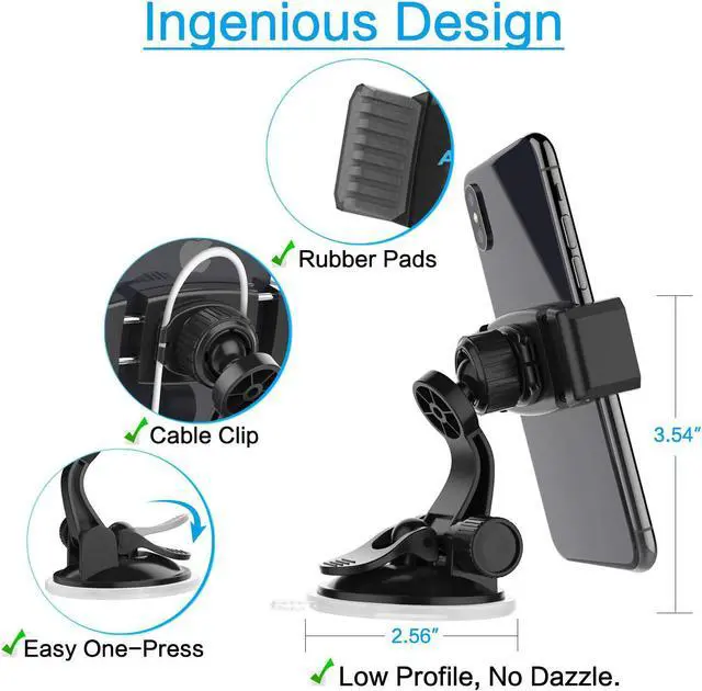Alt view image 5 of 7 - Suction Cup Phone Holder for Car with Adjustable Arm Low Profile Dashboard Phone Mount Compact Windshield Window Dash Mobile Stand Compatible w/All iPhone and Android Cell Phones