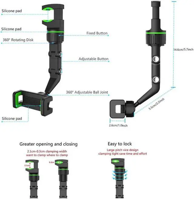 Alt view image 6 of 7 - YCNASSS New 360° Rearview Mirror Phone Holder for Car Multifunctional Mount Phone and GPS Holder Universal Rotating Car Phone Holder Cell Phone Automobile Cradles (Green)