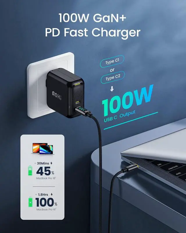 Alt view image 2 of 7 - 100W USB C Charger GaN+, 2 Port Type C PD Wall Charger Foldable Power Adapter with 4ft USB C LED Display Cable for MacBook Pro/Air, iPad Pro, iPhone 15/14/13/12, Galaxy, Laptops, Black