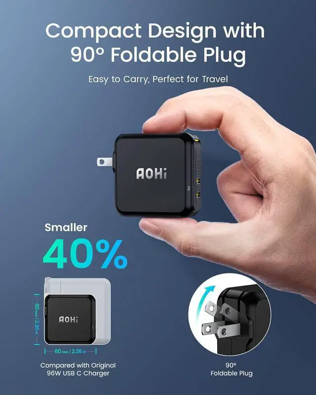 Alt view image 4 of 7 - 100W USB C Charger GaN+, 2 Port Type C PD Wall Charger Foldable Power Adapter with 4ft USB C LED Display Cable for MacBook Pro/Air, iPad Pro, iPhone 15/14/13/12, Galaxy, Laptops, Black