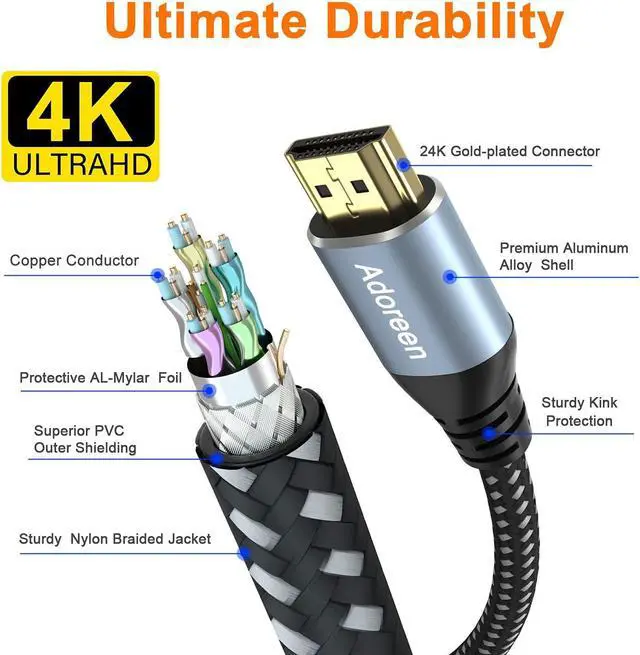 Alt view image 4 of 7 - 4K HDMI Cable 4 Feet/2 Pack High Speed 18Gbps Braided HDMI 2.0 Cable Cord 4K@60Hz 2K 1080P ARC HDR HDCP 3D Sturdy&Flexible&Untangled&Supreme Texture Compatible Monitor UHD TV PC PS5 Xbox+5 Ties