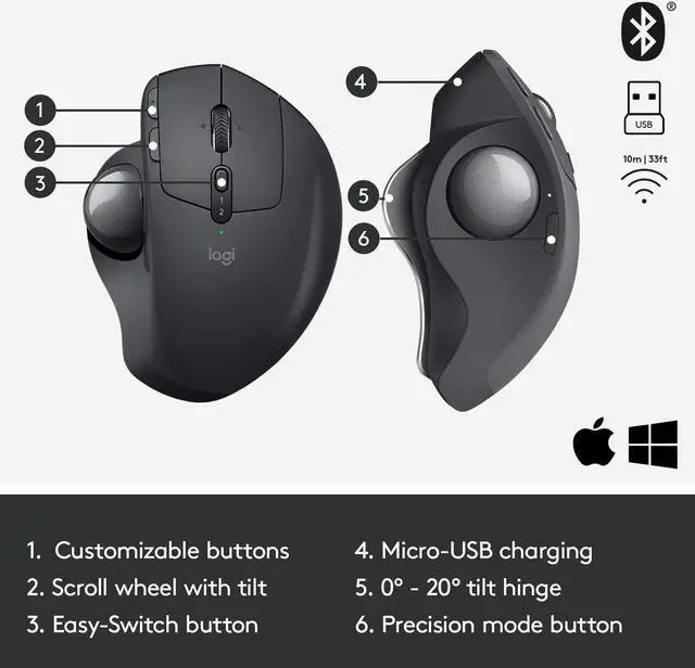 Alt view image 6 of 7 - Logi tech MX Ergo Wireless Trackball Mouse, Ergonomic Design, Move Content Between 2 Windows and Apple Mac Computers (Bluetooth or USB), Rechargeable - With Free Adobe Creative Cloud Subscription