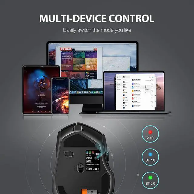 Alt view image 2 of 7 - Bluetooth Mouse Rechargeable, Inphic 2.4G Wireless Mouse Silent, 3 Modes (Bluetooth 5.0/4.0+USB) Multi-Device Connection, Ergonomic Mouse for Laptop Desktop Mac Android Windows, Black