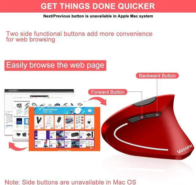 Alt view image 7 of 7 - Vassink Wireless Mouse Ergonomic Mouse Rechargeable Vertical Optical Mice with USB Receiver, 6 Buttons 2.4GHz for PC Computer,Laptop,etcRed+Blue