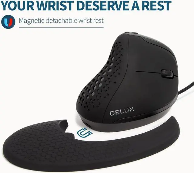 Alt view image 6 of 7 - DeLUX Seeker Wired Ergonomic Vertical Mouse with Thumb Wheel, Optical Computer Mouse with 6 Programmable Buttons, 4000 DPI, RGB Backlight, Removable Wrist Rest for Carpal Tunnel (M618XSU-Black)