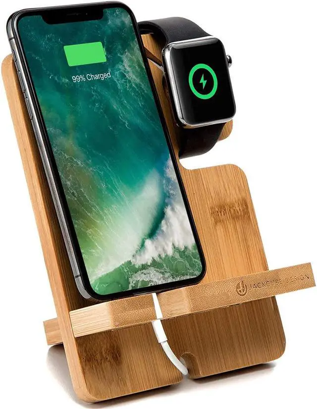 Main image of JackCubeDesign Bamboo iPhone Apple Watch Charger Dock Stand Multi Device Charging Station Organizer Holder for Smartphone Cellphone Mobile Phone â\u201a¬â :MK243A